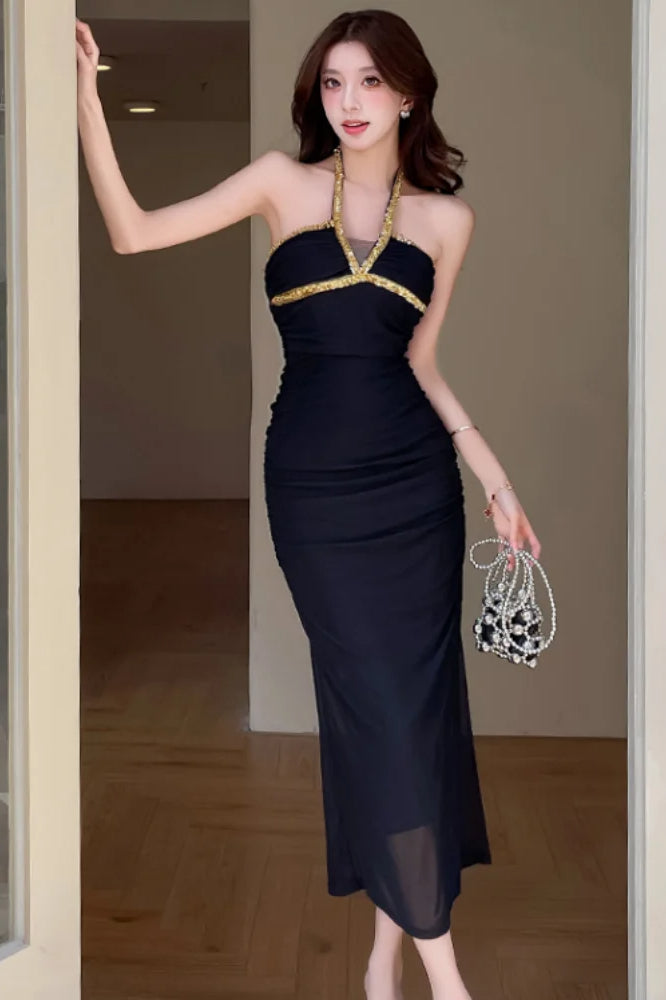 Rhinestone Halter Neck Ruched Gathered Mesh Bodycon Maxi Dress