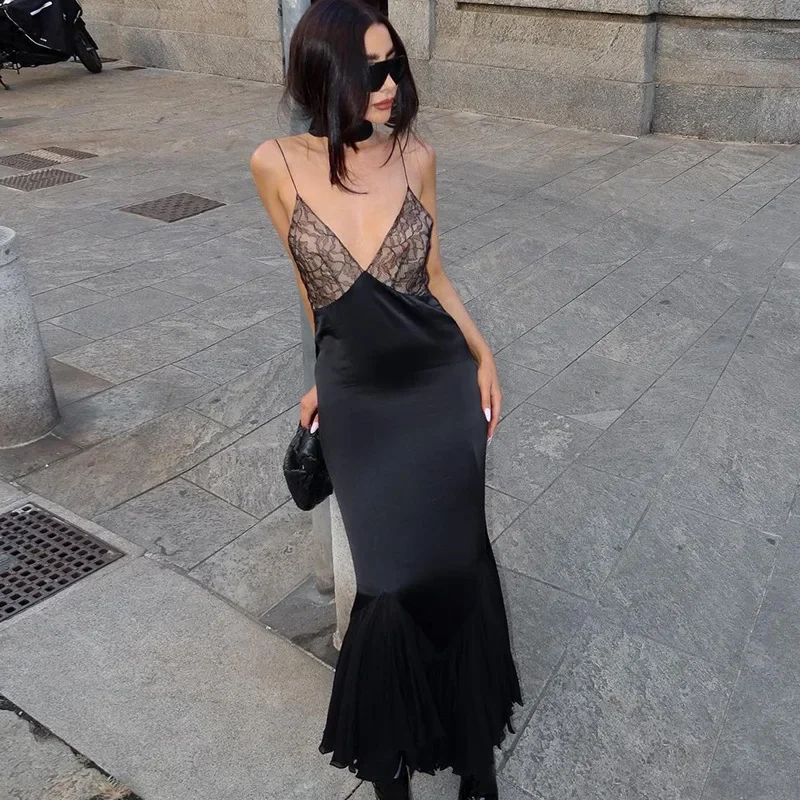 Ootddress Lace Splice Maxi Dresses For Women Sexy Deep V Neck Mesh Slim Dress Woman Temperament Clubwear Party Evening Dress Femme
