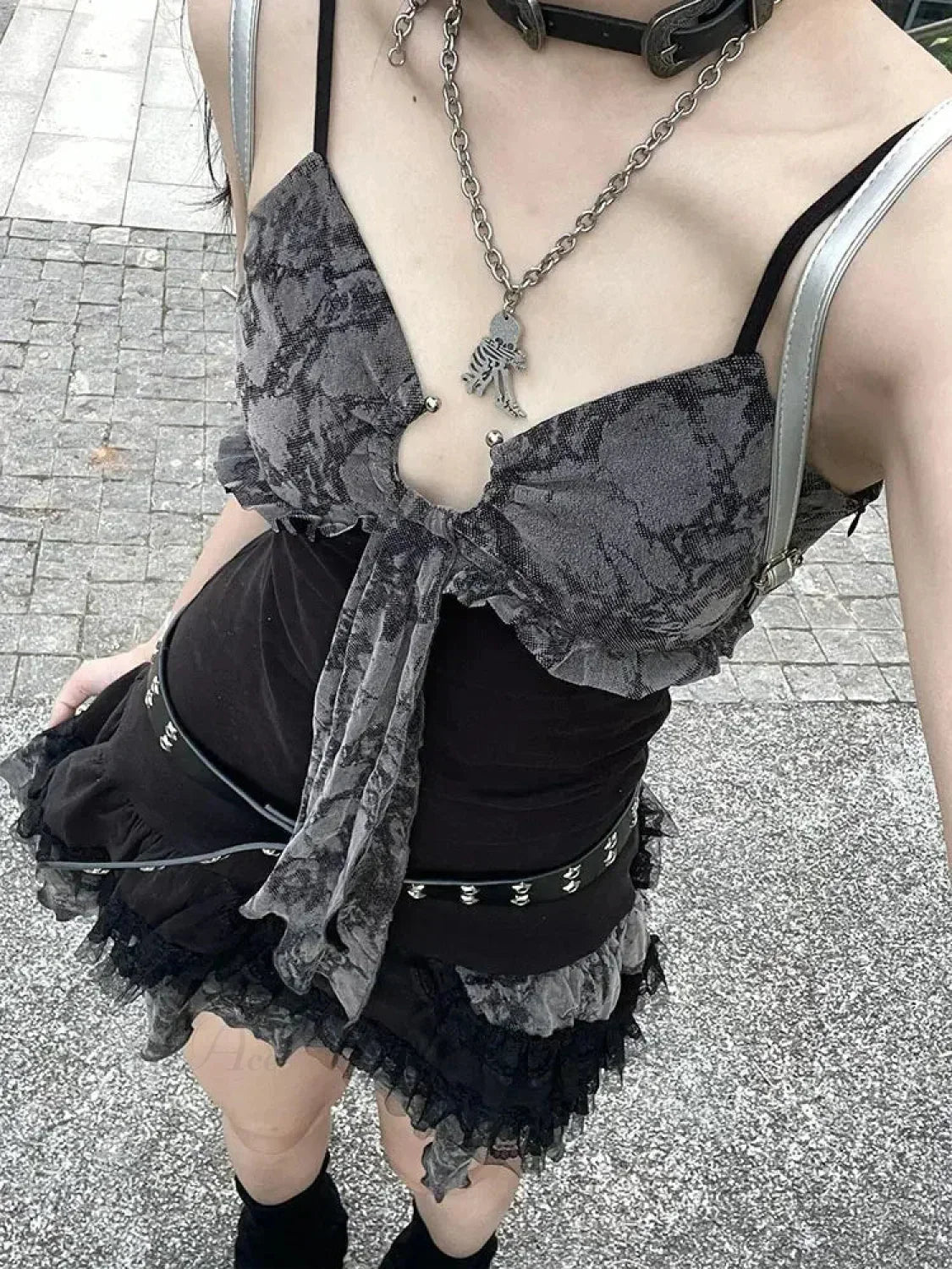 Distressed Print Tie-Front Lace Trim Layered Tiered Camisole Mini Dress