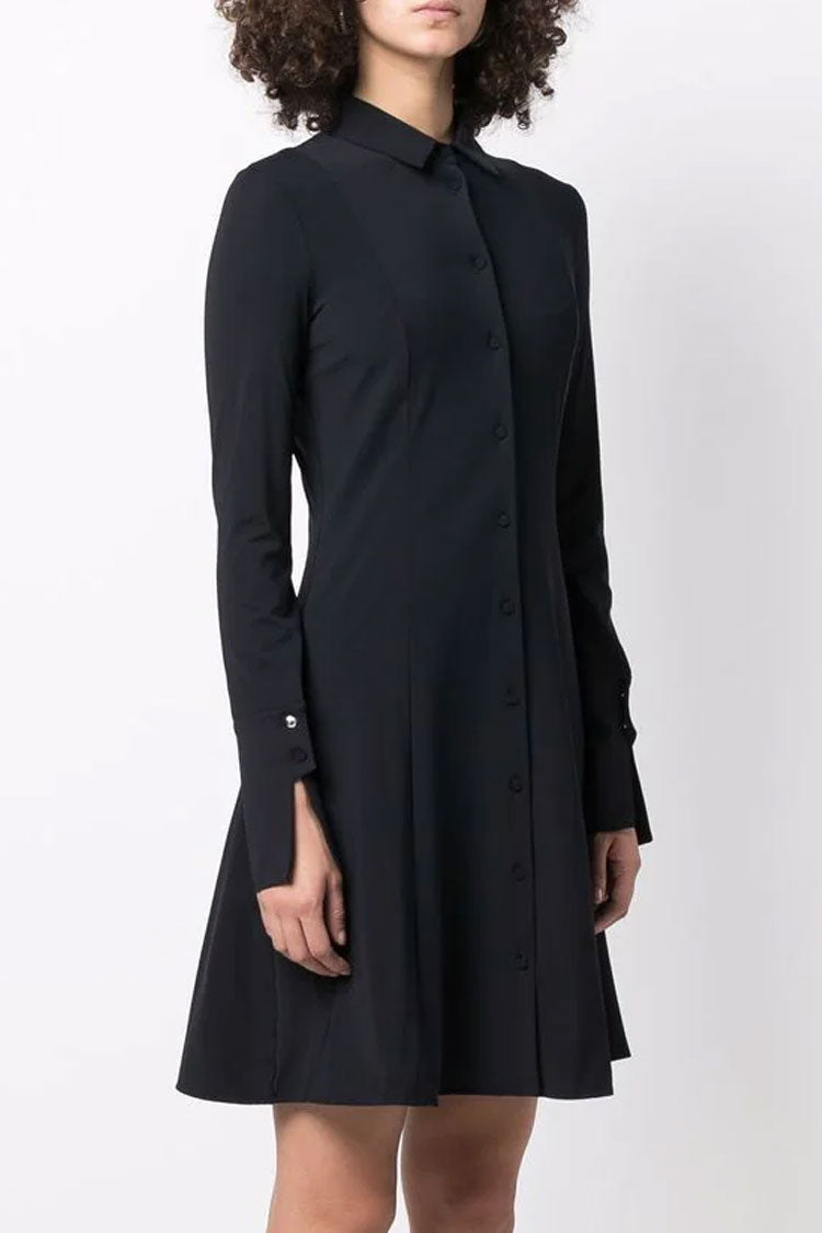 Pointed Collar Button Down Flared Cuff Princess Seam Fit and Flare Mini Shirt Dress