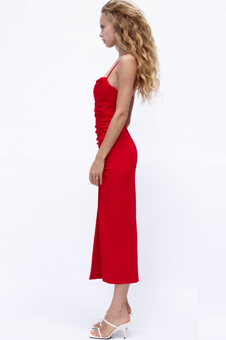 Cowl Neck Spaghetti Strap Side Ruched Tie Slit Bodycon Midi Dress