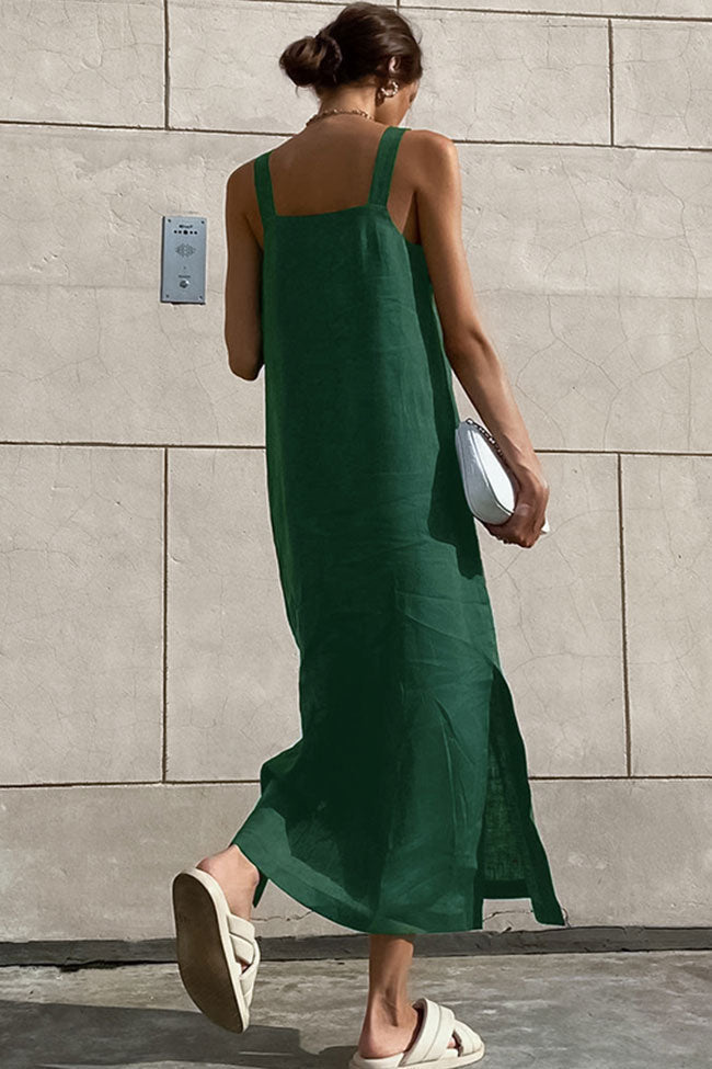 Square Neck Wide Strap Linen Blend Side Slit Midi Dress