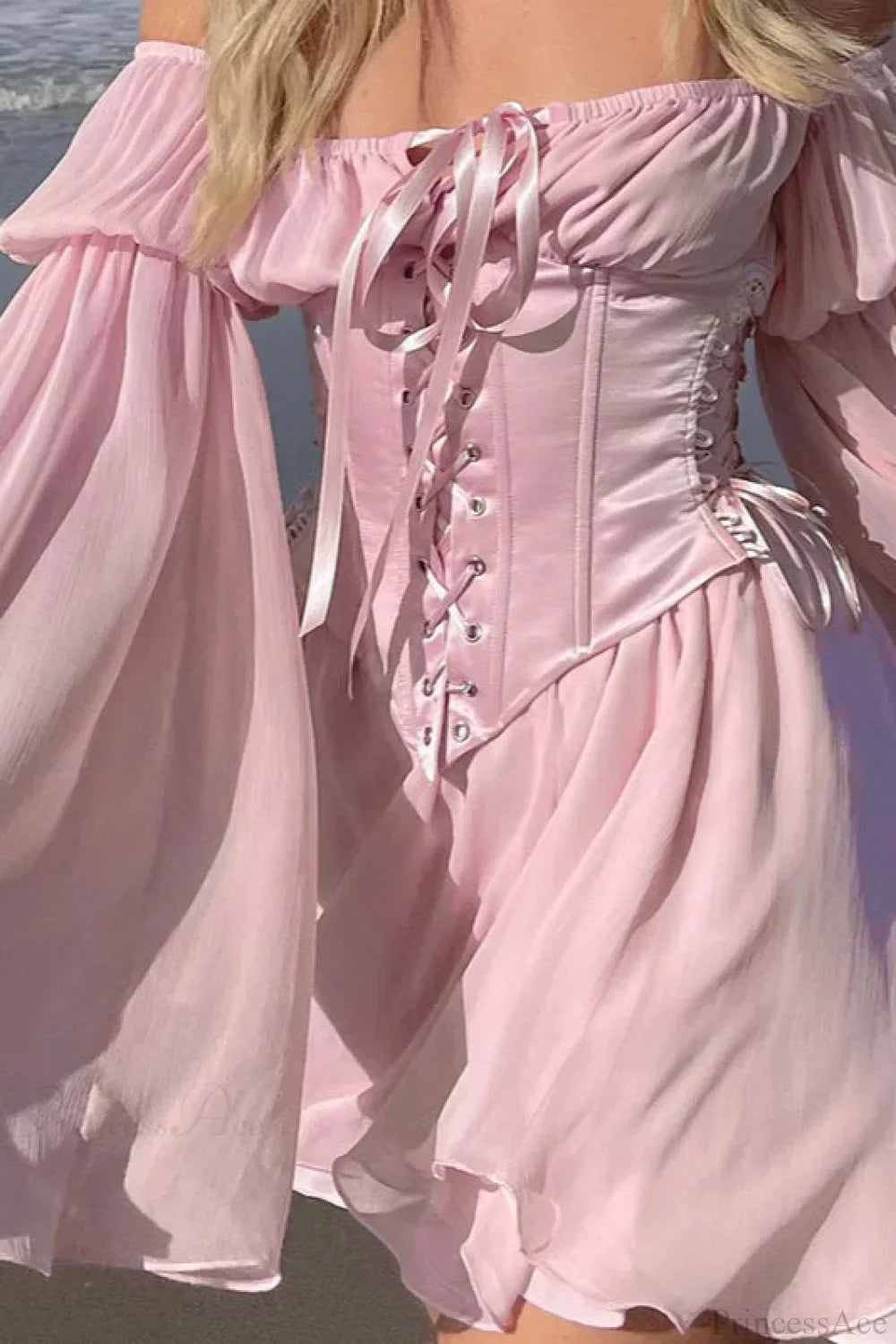 Off-Shoulder Lace-Up Corset Bell Sleeve Chiffon Mini Dress