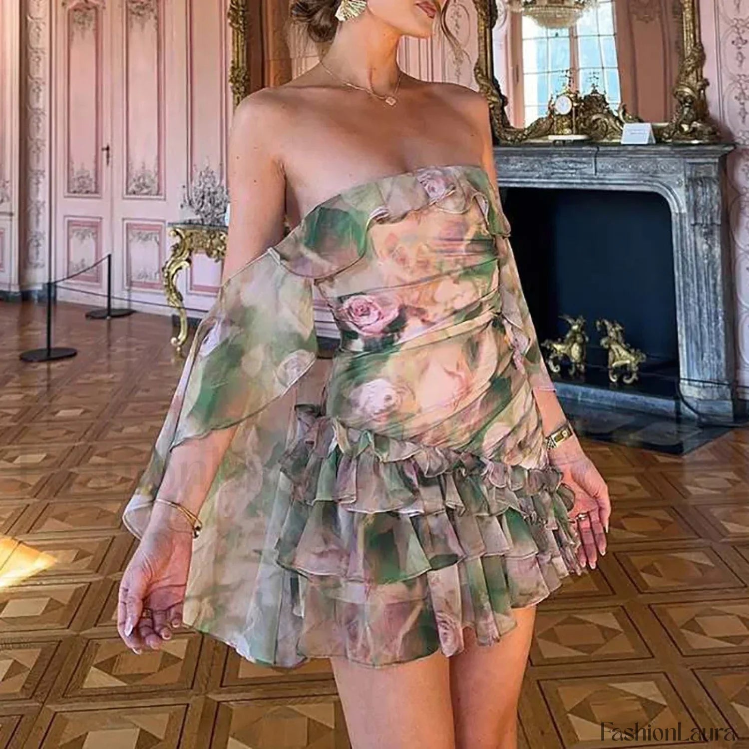 Print Chiffon Strapless Ruffle Mini Dress