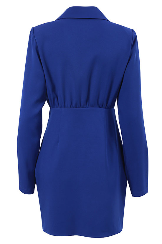 Long Sleeve Notched Lapel Padded Shoulder Wrap Ruched Tulip Hem Blazer Mini Dress