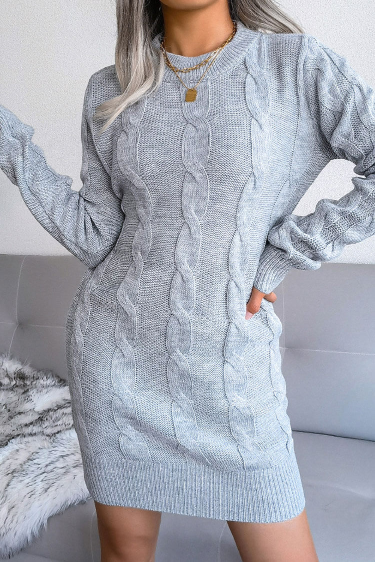 Cable Knit Crew Neck Long Sleeve Ribbed Bodycon Sweater Mini Dress
