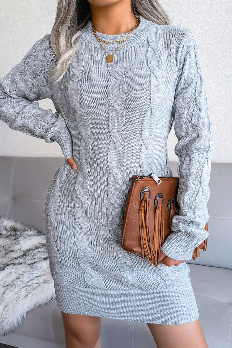 Cable Knit Crew Neck Long Sleeve Ribbed Bodycon Sweater Mini Dress