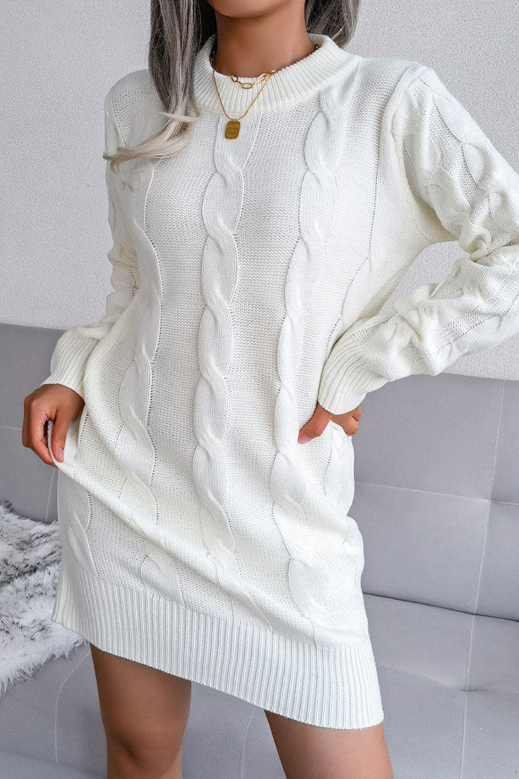 Cable Knit Crew Neck Long Sleeve Ribbed Bodycon Sweater Mini Dress