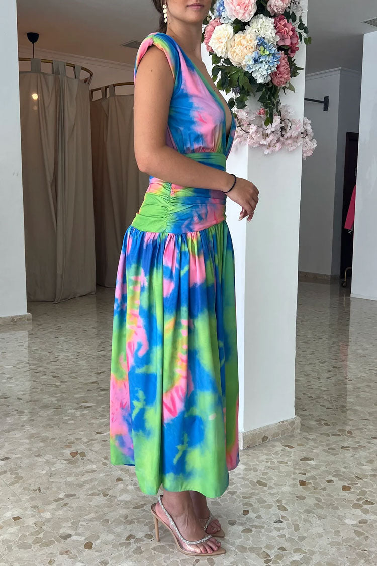 Tie Dye Plunging V-Neck Ruched Waist High Split Maxi Dress