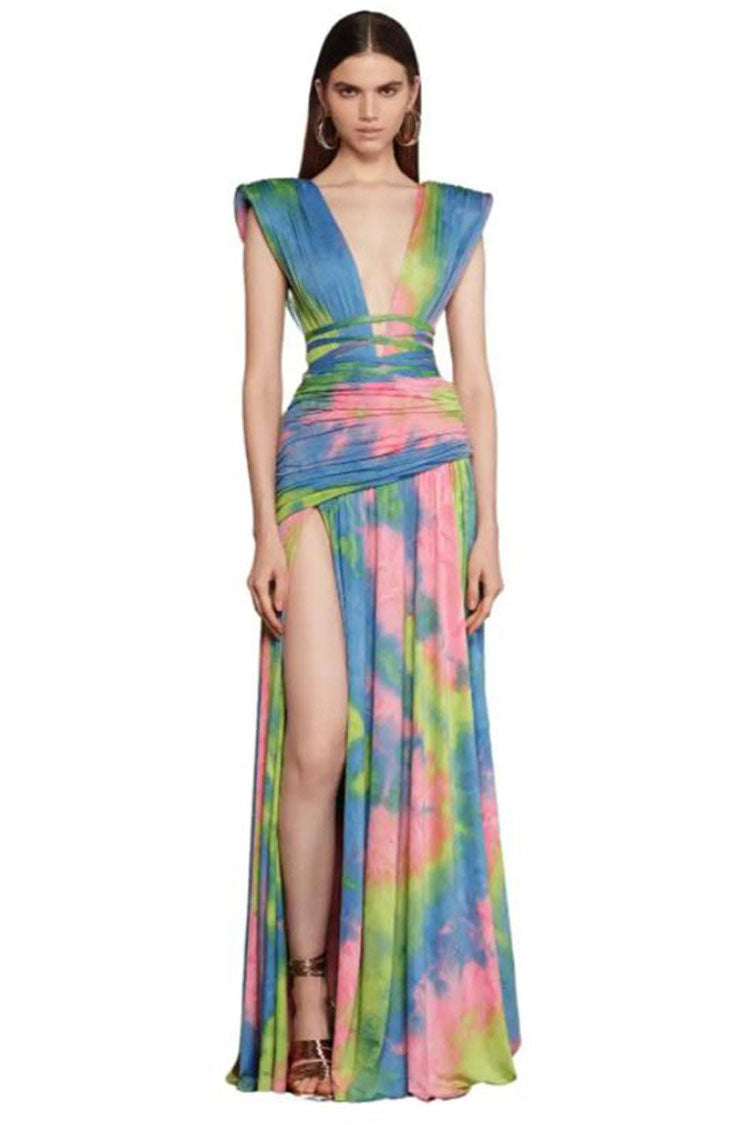 Tie Dye Plunging V-Neck Ruched Waist High Split Maxi Dress