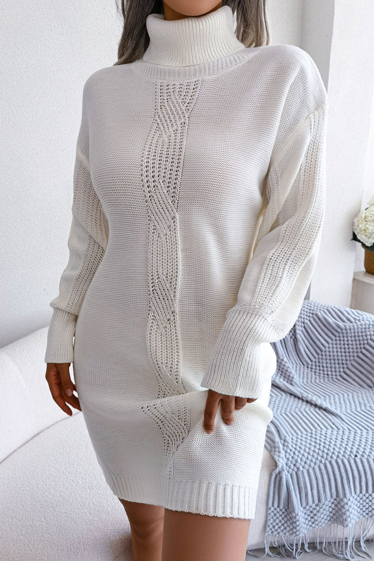 Turtleneck Cable Knit Drop Shoulder Rib Knit Mini Sweater Dress