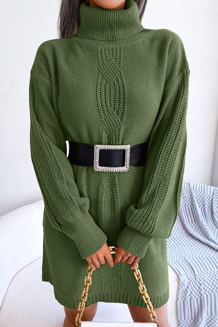 Turtleneck Cable Knit Drop Shoulder Rib Knit Mini Sweater Dress