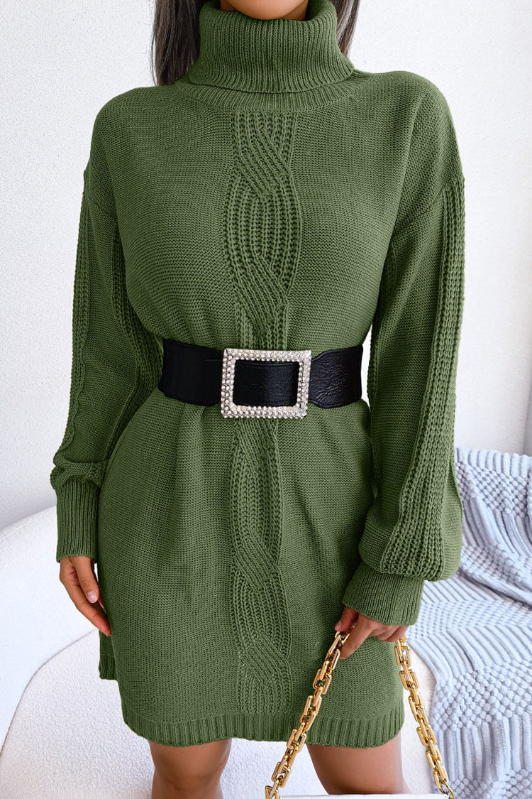 Turtleneck Cable Knit Drop Shoulder Rib Knit Mini Sweater Dress