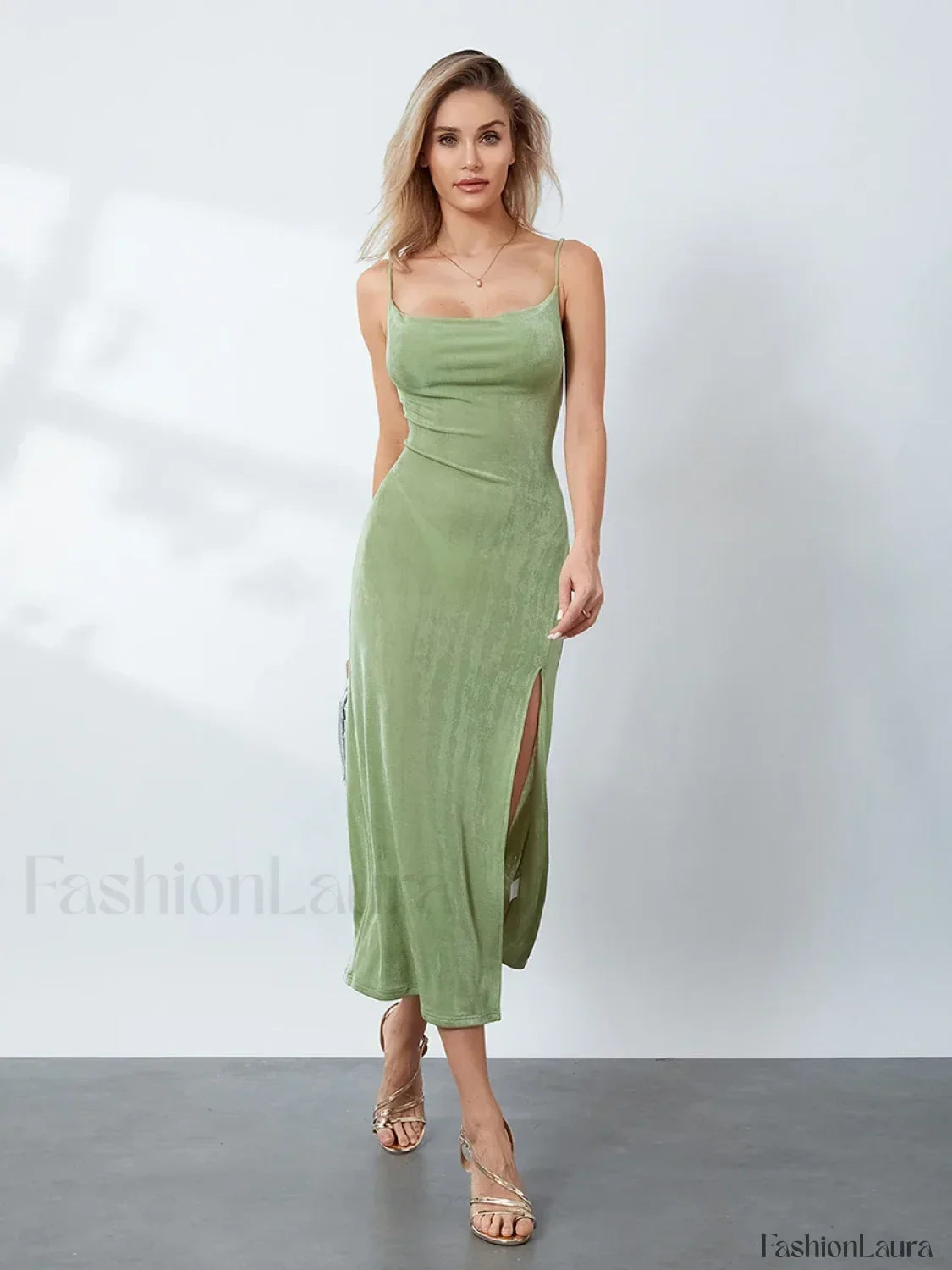 Green Cowl-neck Slip Midi Dress