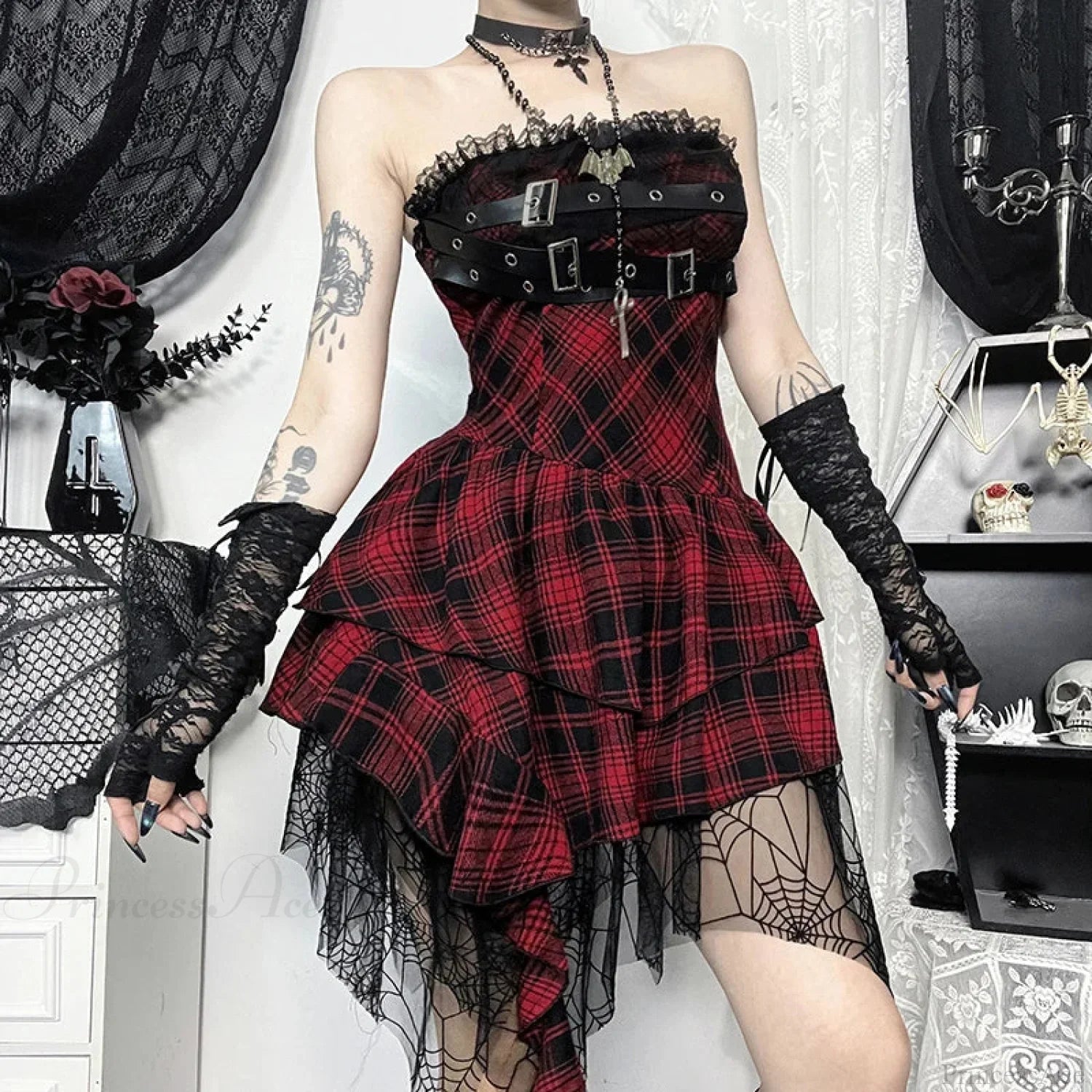 Plaid Strapless Buckle Strap Tiered Spiderweb Lace Trim Mini Dress