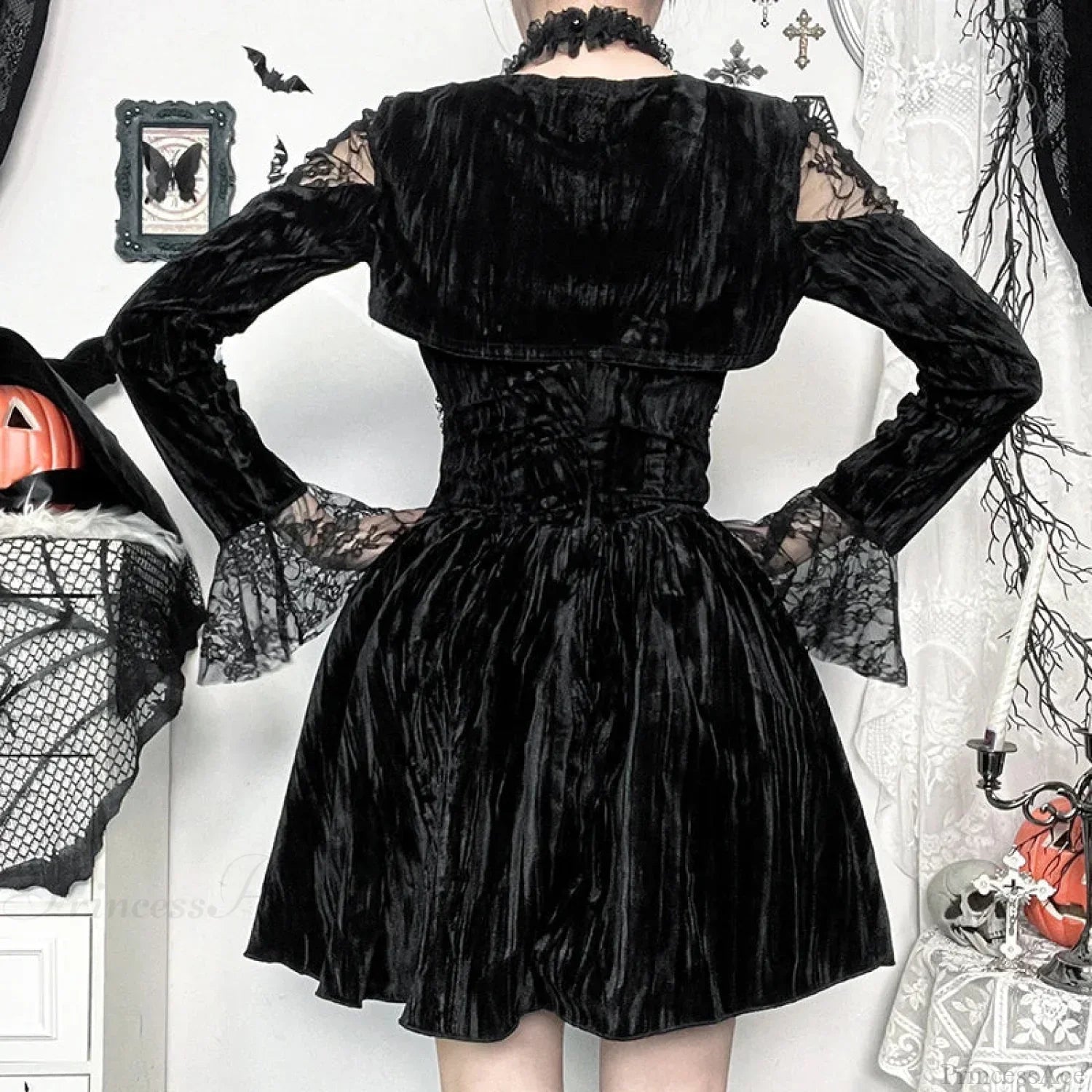 Gothic Lace Velvet Halter Choker Cross Chain Bell Sleeve Mini Dress