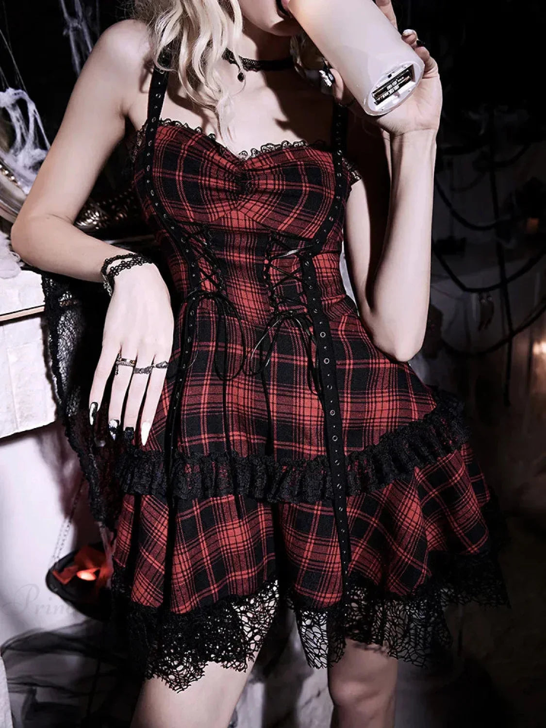 Tartan Plaid Lace-Up Corset Sweetheart Tiered Ruffle Lace Trim Mini Dress
