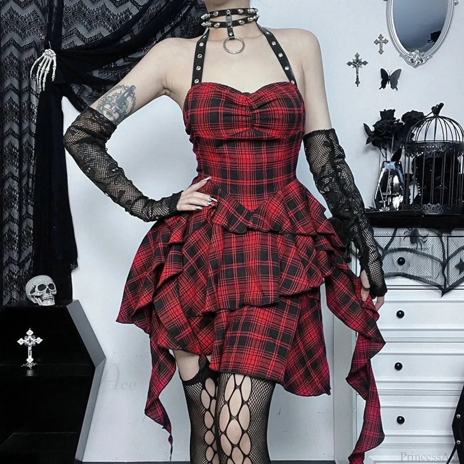Tartan Plaid Halter Faux Leather Strap Tiered Ruffle Mini Dress