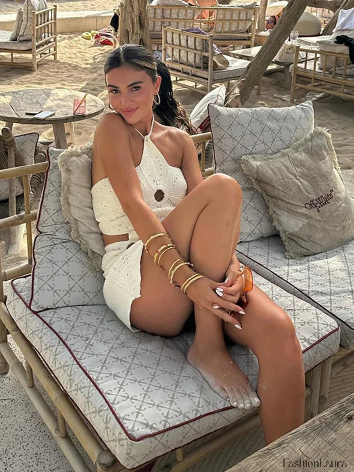 White Crochet Hollow Halter Mini Dress