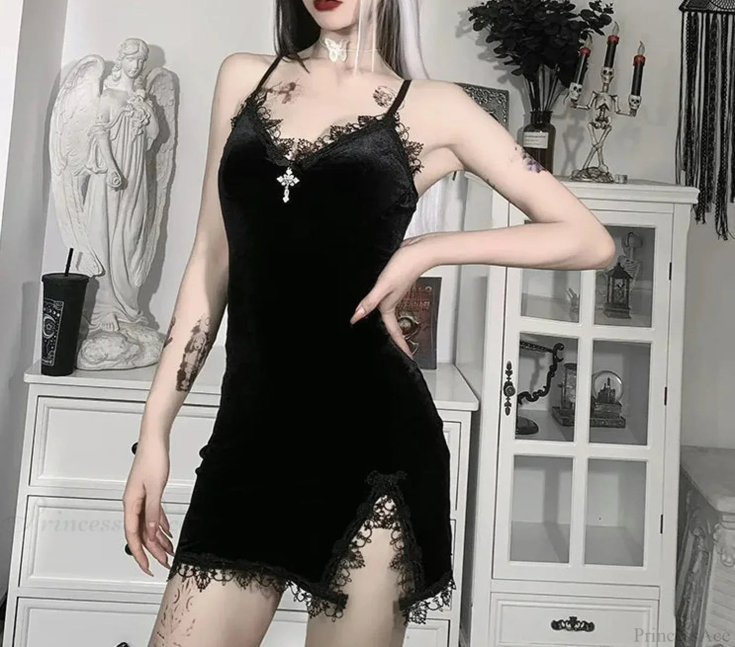 Velvet Lace Trim Cross Pendant Spaghetti Strap Side Slit Mini Dress