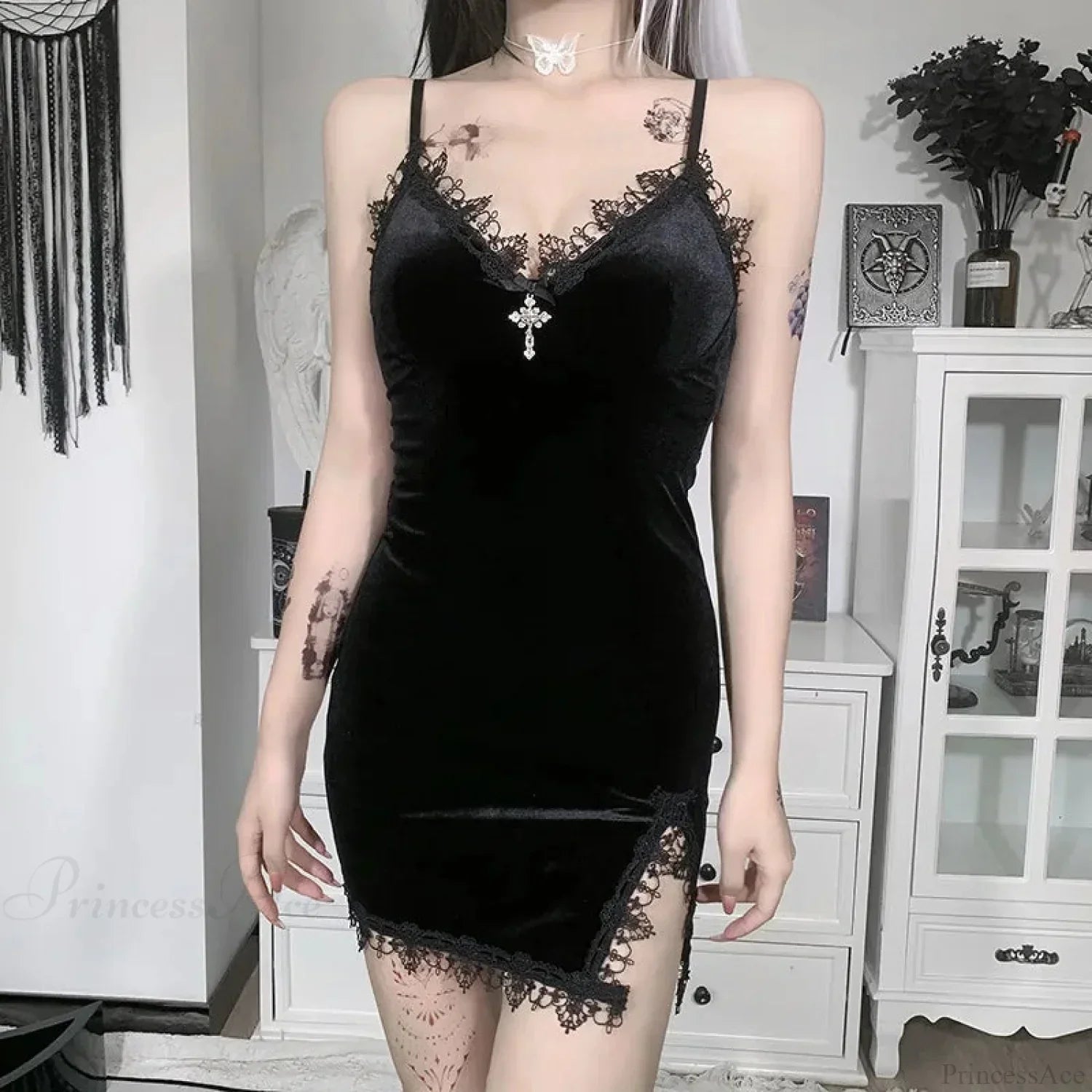 Velvet Lace Trim Cross Pendant Spaghetti Strap Side Slit Mini Dress