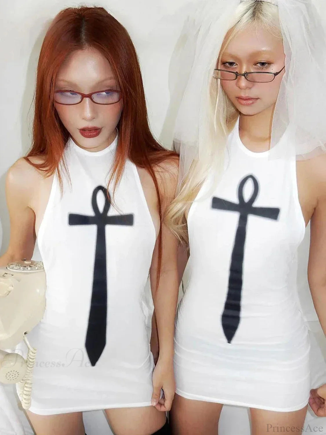 Ankh Necktie Graphic Halter Bodycon Mini Dress