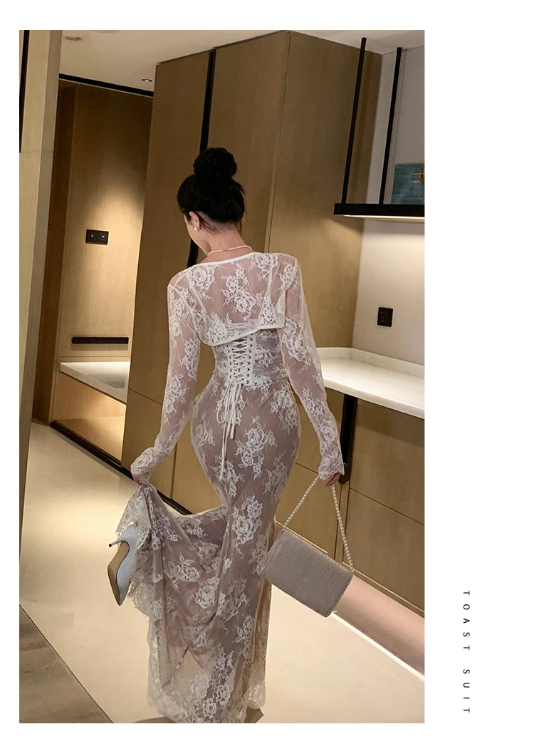 Sexy Bodycon Lace Long Dresses for Women Wedding Party Dress Spaghetti Strap with Smock French Vintage Evening Maxi Vestidos New 12 Sexy Bodycon Lace Long Dresses for Women Wedding Party Dress Spaghetti Strap with Smock French Vintage Evening Maxi Vestidos New