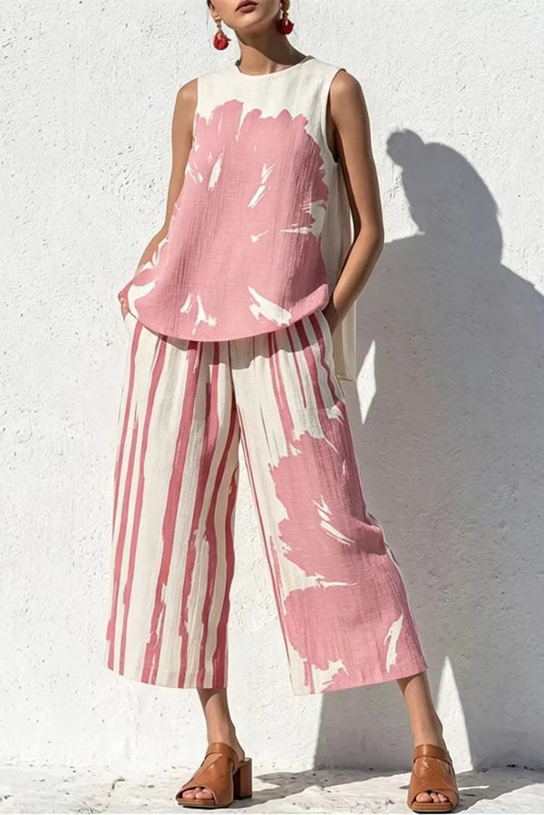 Abstract Brushstroke Sleeveless Tunic & Cropped Pant Set