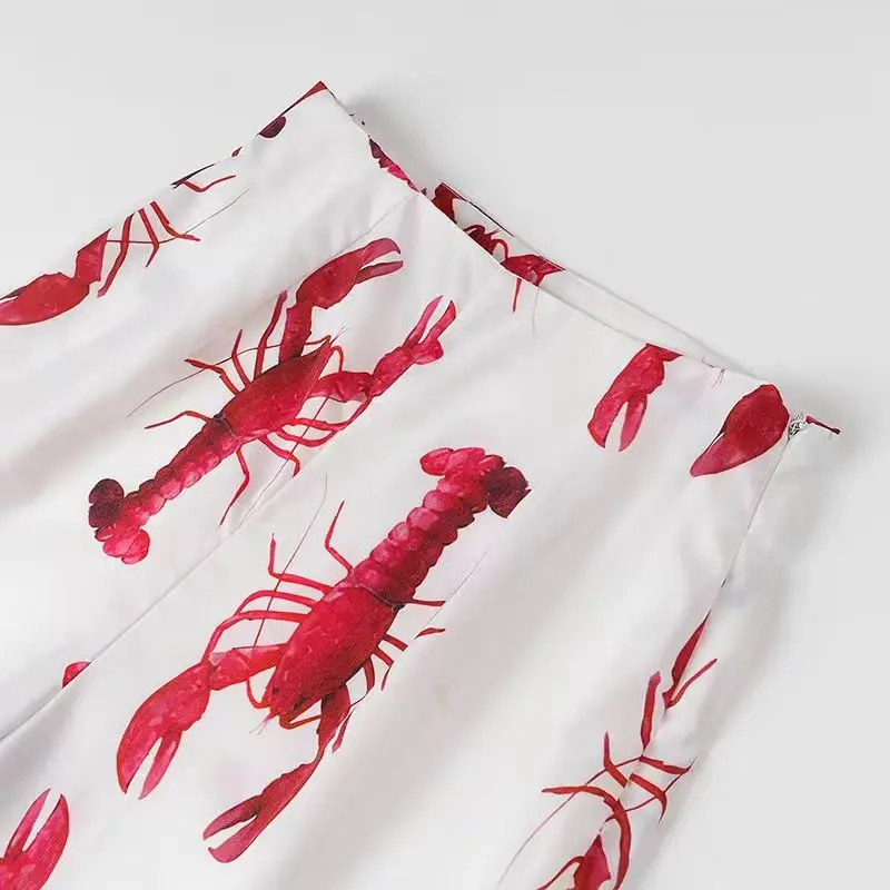 Cartoon Cray Printing Long Pants Set For Women 2025 Summer Short Sleeve Shirt High Waist Wide Leg Pant 2 Piece Sets Lady Outfits