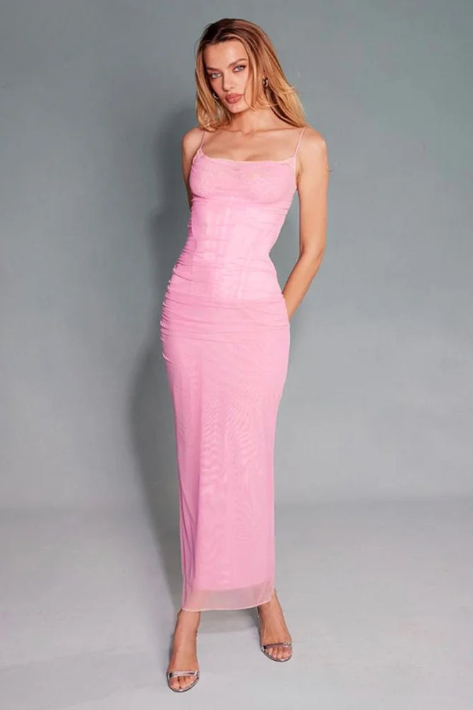 Spaghetti Strap Lace Trim Scoop Neck Corset Seam Ruched Mesh Bodycon Maxi Dress