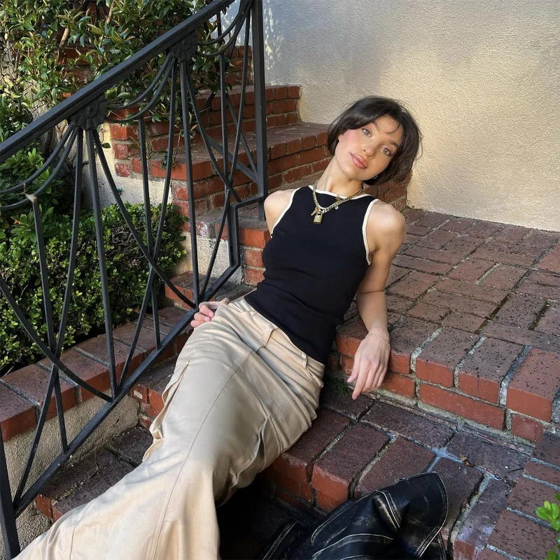 Ootddress Casual For Women Contrast Y2k Top Vest Backless Patchwork Pullover Top Slim Sheer Tracksuit Summer Cute Female Tank Top