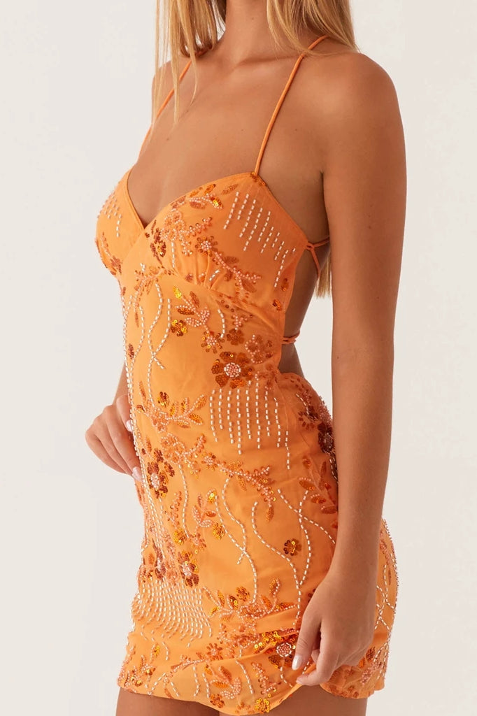 Spaghetti Strap V-Neck Floral Beaded Sequin Embroidered Bodycon Mini Dress