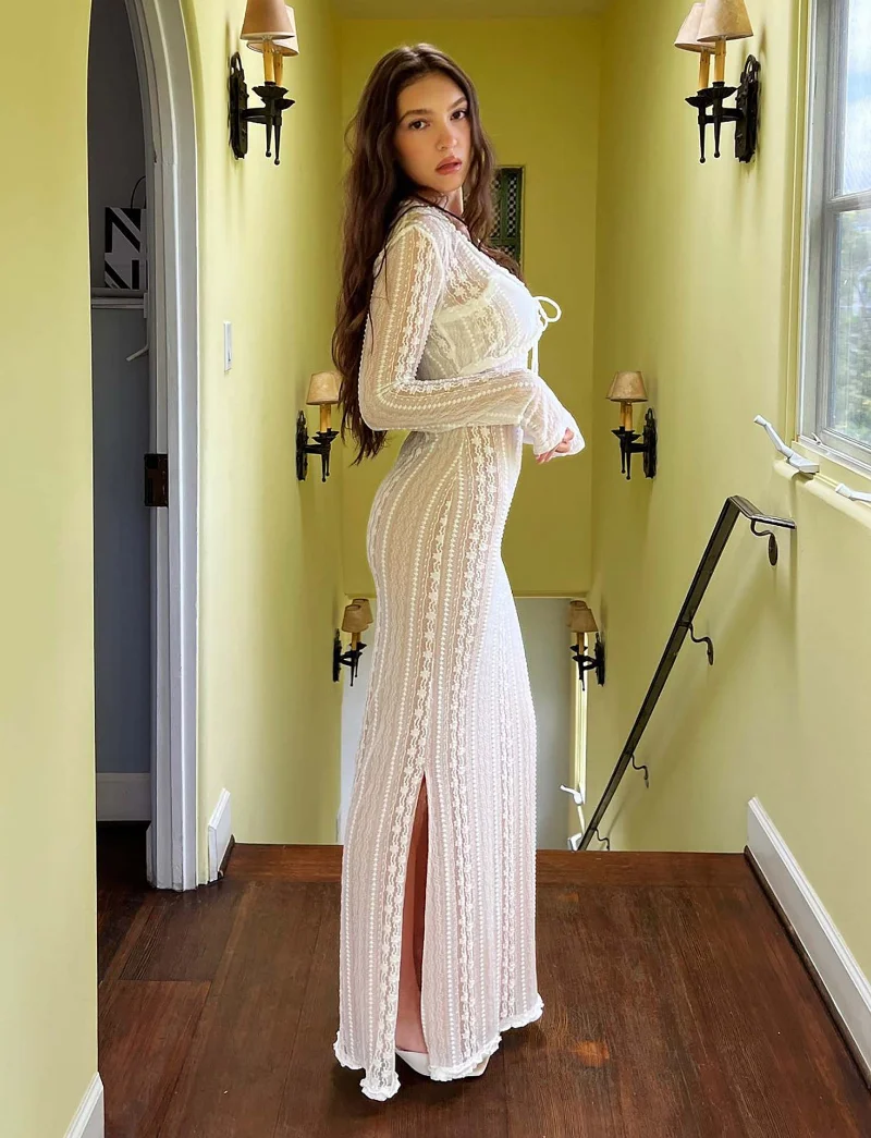 Ootddress Lace Dress Sets Women Bodycon Long Sleeve Cover-up Ladies Split V Neck Slim High Waist Dresses For Woman Summer Casual