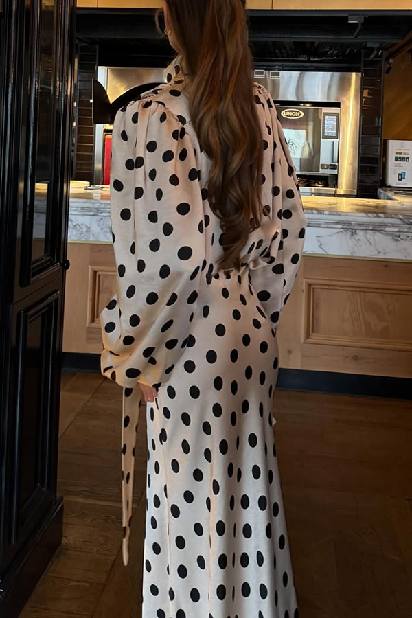 Chrissa Satin Polka Dot Print Lace Trim Tie-up Neck Balloon Sleeve Loose Blouse