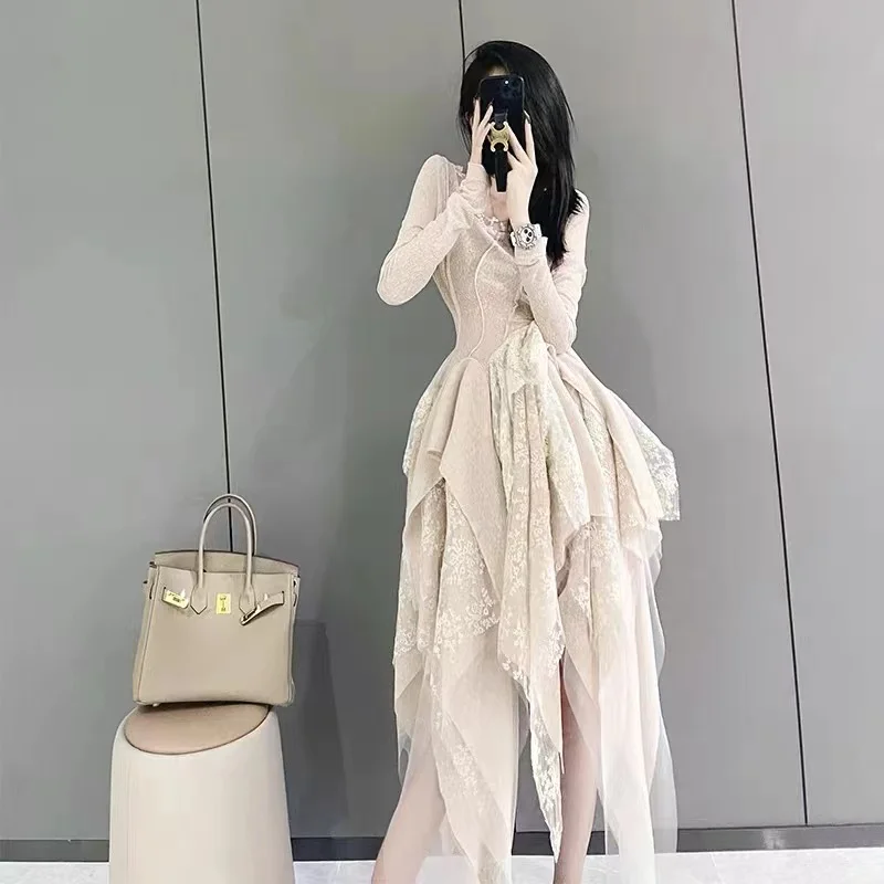French Vintage Elegant Lace Dress Women 2025 Spring Summer New Irregular Splicing Long Bridesmaid Evening Party Dress Prom Robe