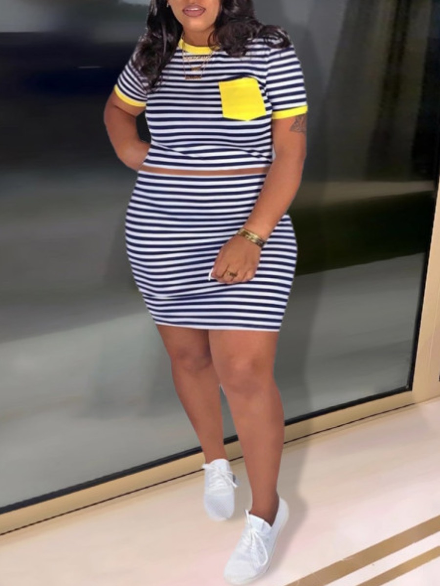 Plus Size Street Striped Pocket Design Black Two-piece Skirt Set Casual Regular Sleeve O Neck Women Clothings Lady Outfits