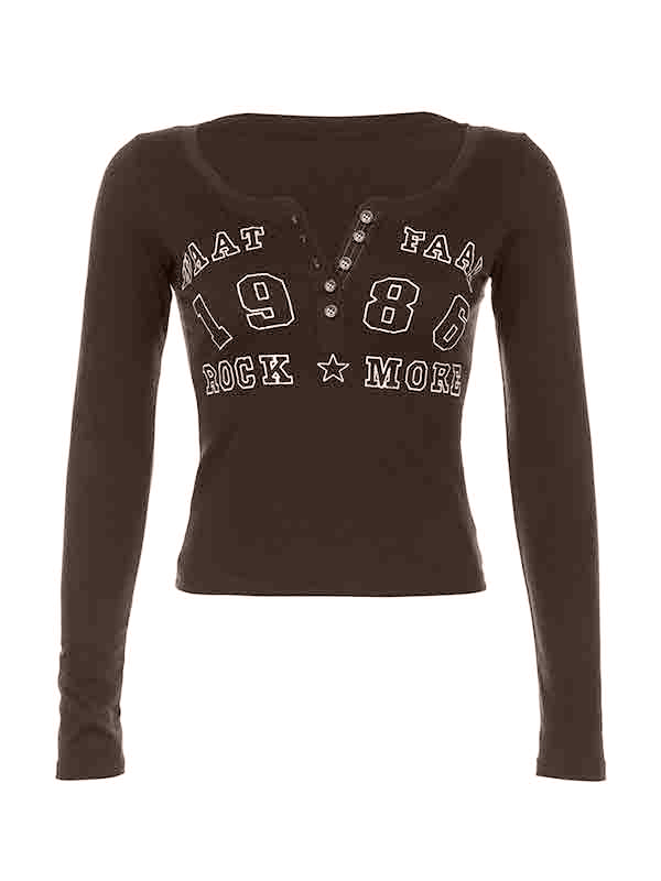 Number Letter Print Breasted Slim Long Sleeve Tee