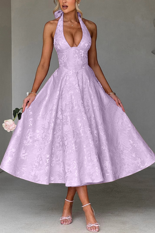 Stylish Jacquard Halter Neck Fitted Waist Open Back Elegant Midi Dress