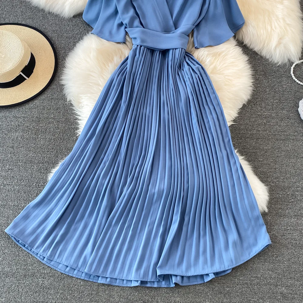 Women Elegant Pleated Dress Summer Short Sleeve V-neck Vintage Dresses Ladies A Line High Waisted Midi Dress