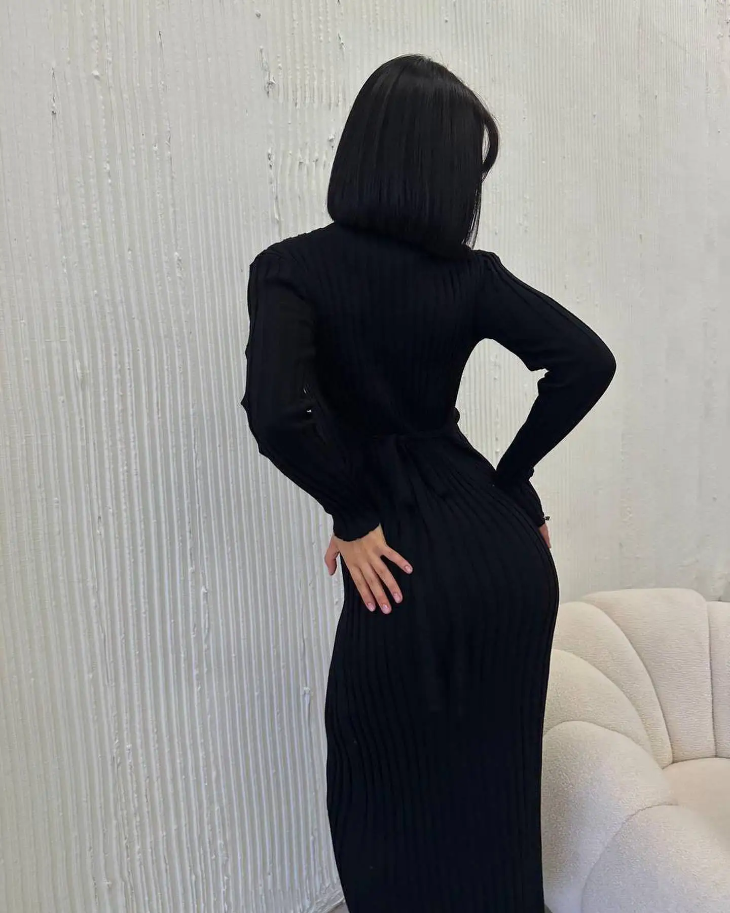 Ootddress Black Autumn Knitwear Maxi Dress Women's Ribbed Loose Patchwork Fashion High Waist Solid Dress Femal Bodycon Knit Dress