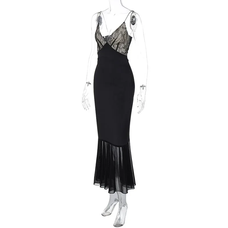 Ootddress Lace Splice Maxi Dresses For Women Sexy Deep V Neck Mesh Slim Dress Woman Temperament Clubwear Party Evening Dress Femme