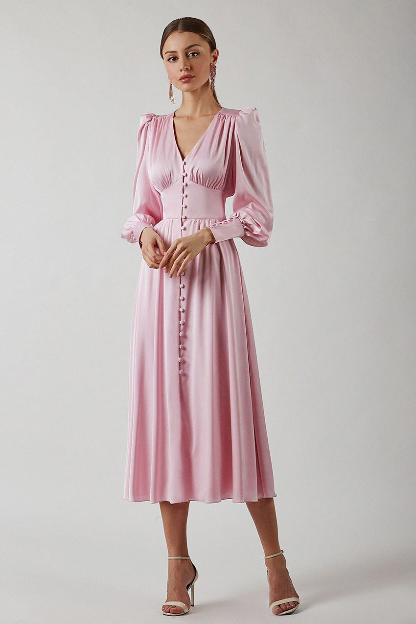 Deep V-Neck Lantern Sleeve Button Front Cinched Waist Satin Midi Dress