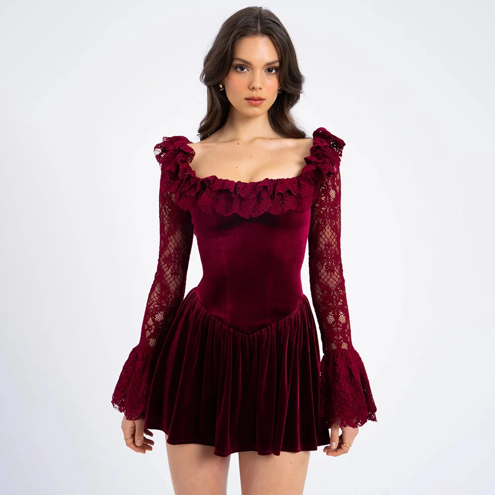 Ootddress Elegant Long Sleeve Lace Patchwork Tight Dress Women Sexy Trumpet Sleeves Slim Skirt Autumn/Winter New 2025 Vestido