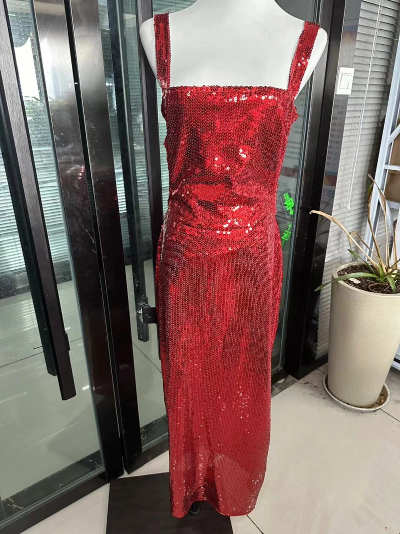 Temperament Sexy Backless Hollow Suspender Party Dress Fashionable Sequin High Waist Slim Formal Occasion Women's Evening Dress