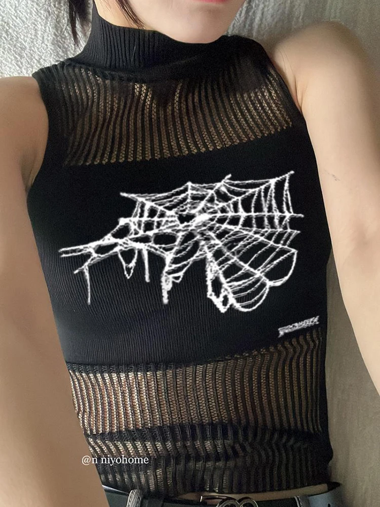 Streetwear Punk Hollowed Out Sleeveless Vest Sexy Tank Top Women Spider Print Goth Aesthetic Summer Fashion Girls Casual Tops 8 Streetwear Punk Hollowed Out Sleeveless Vest Sexy Tank Top Women Spider Print Goth Aesthetic Summer Fashion Girls Casual Tops