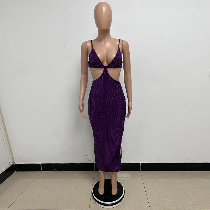 Sexy Hollow High Waist Slit Evening Dress Fashion Sequined Backless Sleeveless Elegant Party Dresses Solid Long Graduation Dress 157 undefined