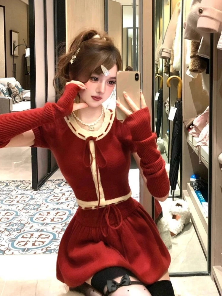 Y2K Two-Piece Knitwear Suit Women Single Breasted Long Sleeve Cropped Top High Waist Mini Skirt Korean Fashion Knitted Outfits