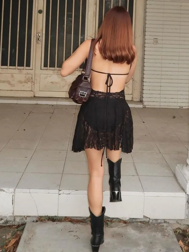 Fantoye Sexy See Through Lace Women Dress Black Spaghetti Strap Print Floral Dress Female 2025 Summer New Elegant Party Clubwear