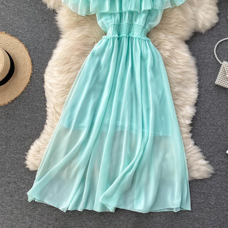 Women Chiffon Beach Dress Sexy Double Layer Ruffled Off The Shoulder Boho Dresses Ladies Sweet Slash Neck Long Dress 28 Women Chiffon Beach Dress Sexy Double Layer Ruffled Off The Shoulder Boho Dresses Ladies Sweet Slash Neck Long Dress
