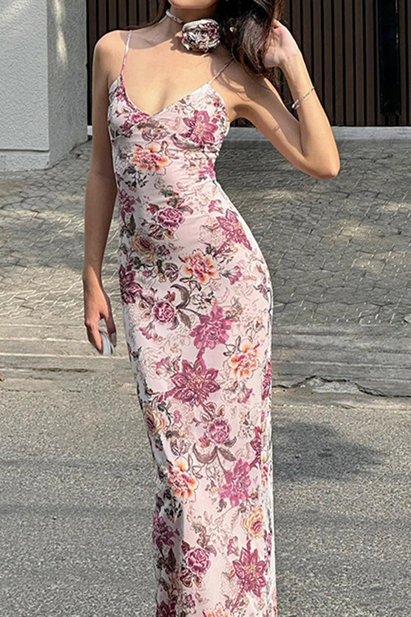 Floral Print Spaghetti Strap Deep V-Neck Slip Bodycon Maxi Dress